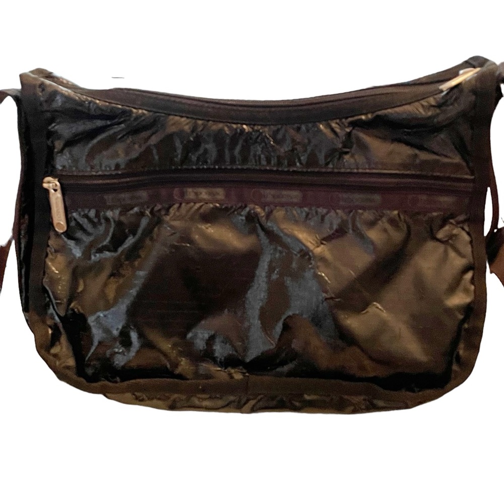 LeSportsac Black Patent Classic Hobo Crossbody Bag Zipper Closure Big Pocketbook